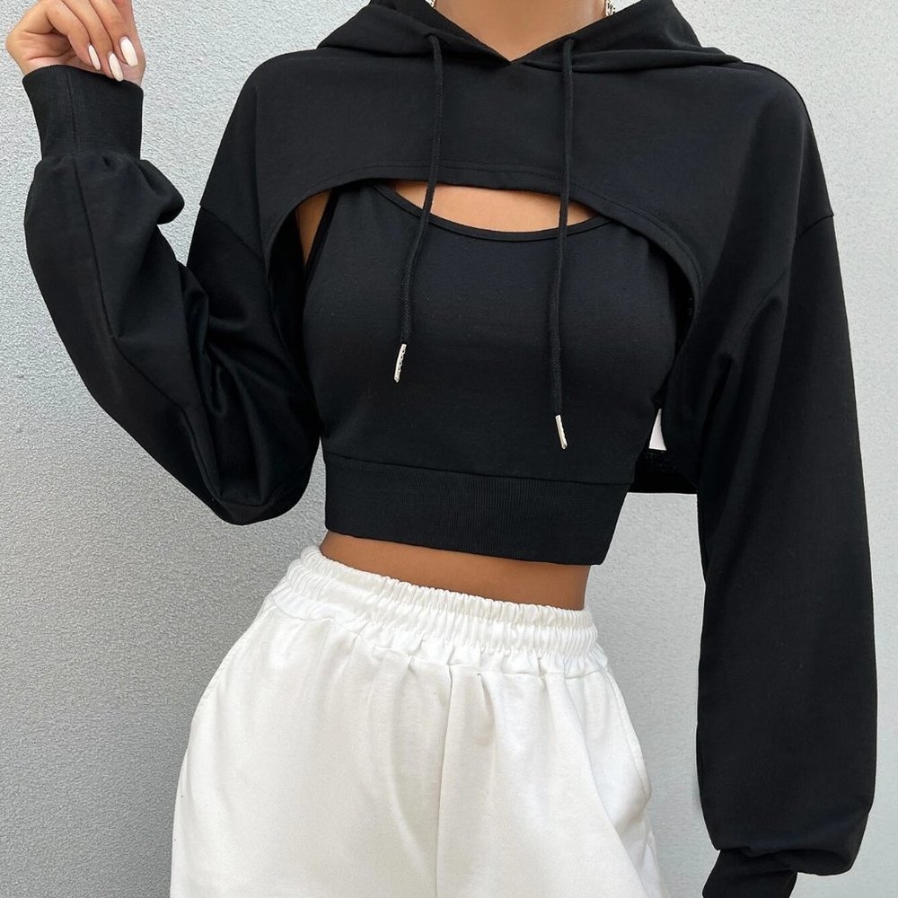 Black Preppy Womens Drop Shoulder Drawstring Super Crop Hoodie & Top